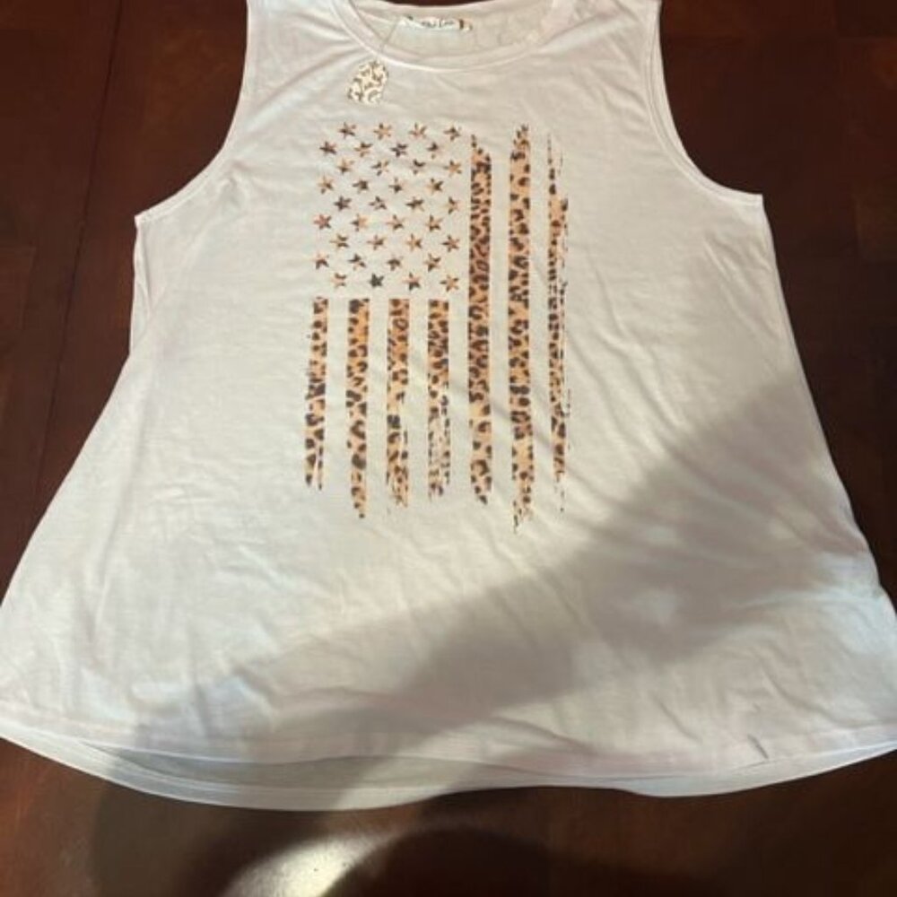 Phil Love Womens Sleeveless Leopard‎ American Fla gwhite Tank Top - Medium